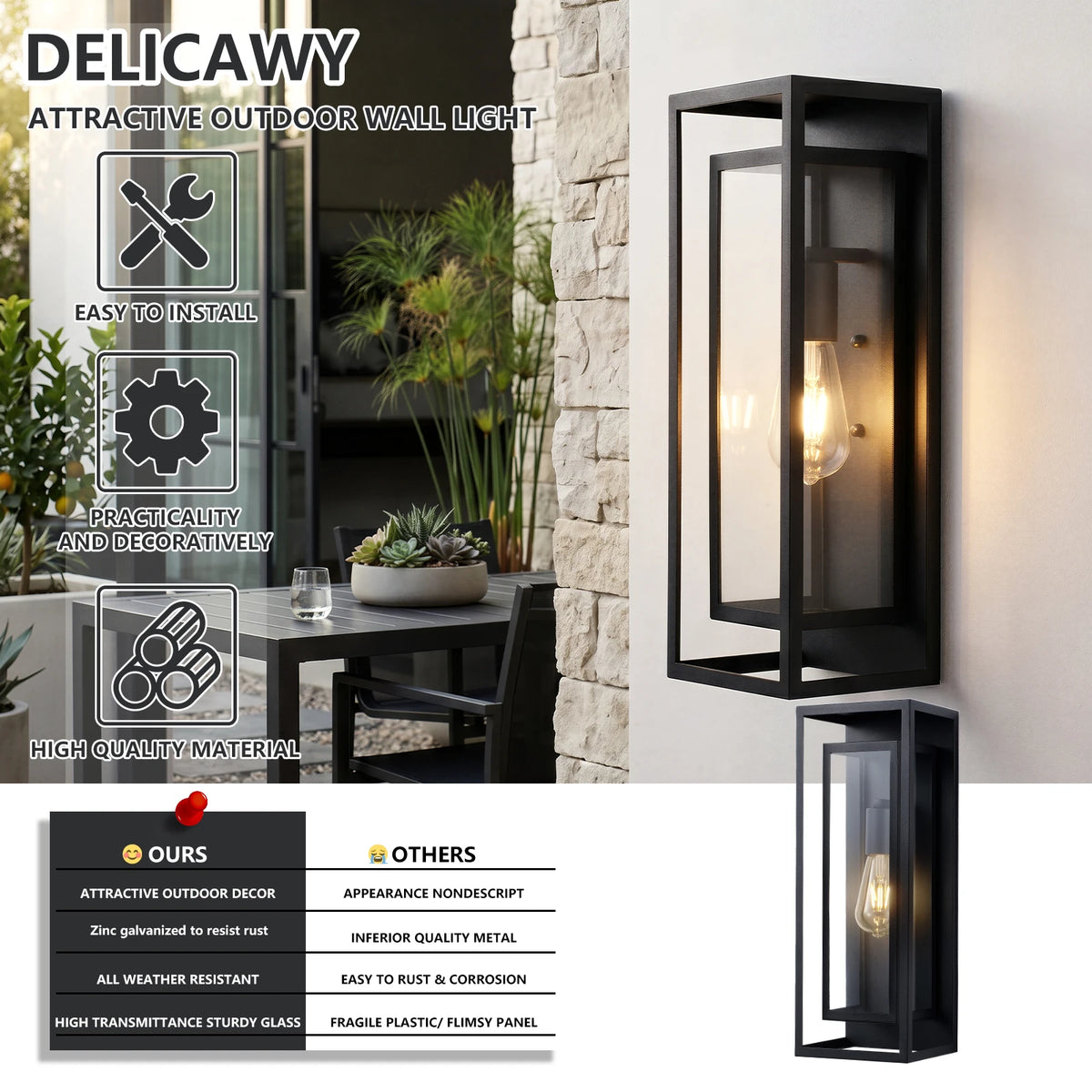 ARLGSITE Waterproof Exterior Wall Lantern With Tempered Glass For Porch