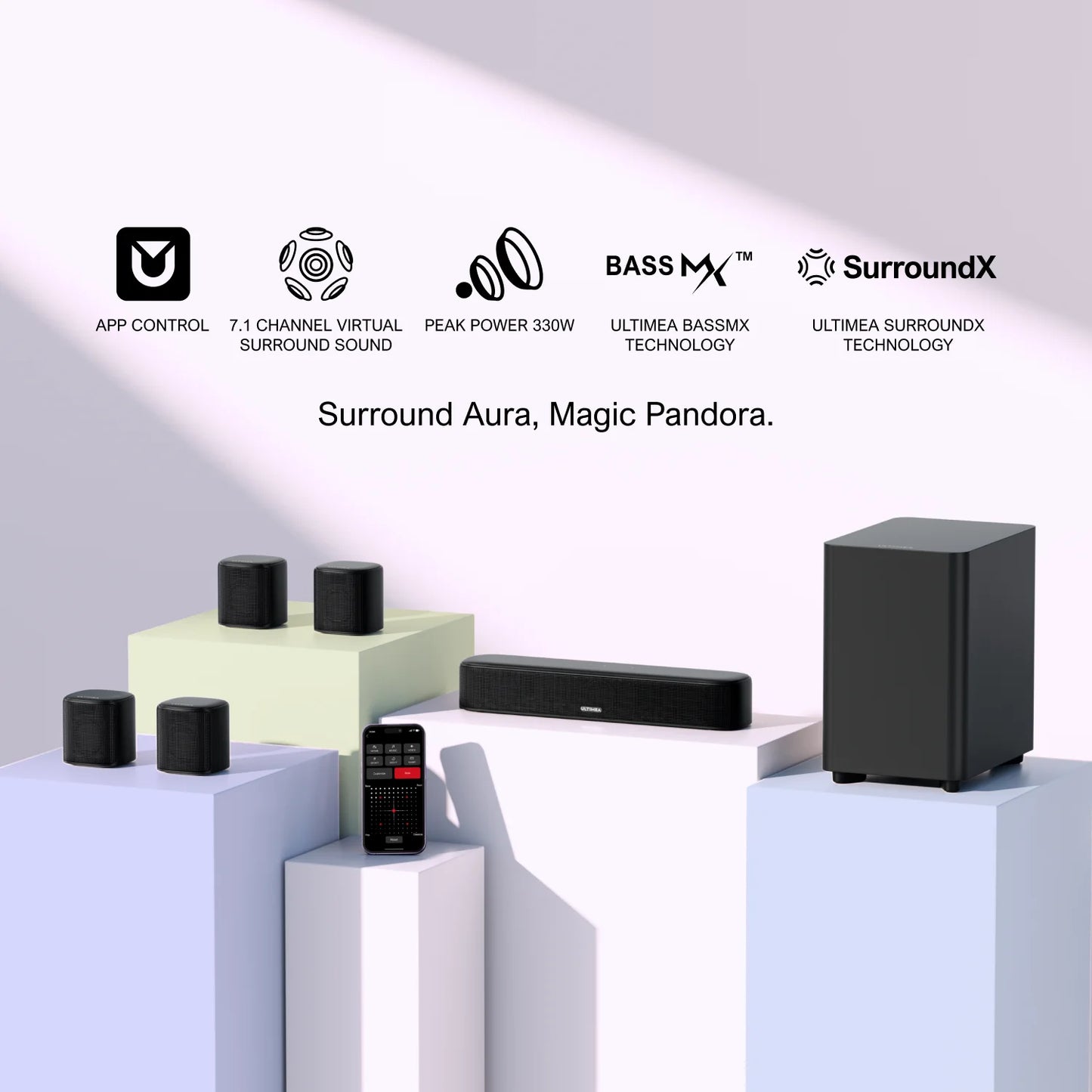 ULTIMEA Aura A40 7.1CH Virtual Surround Soundbar for TV, 330W Home Theater System with Subwoofer,4 Surround Speakers,APP Control