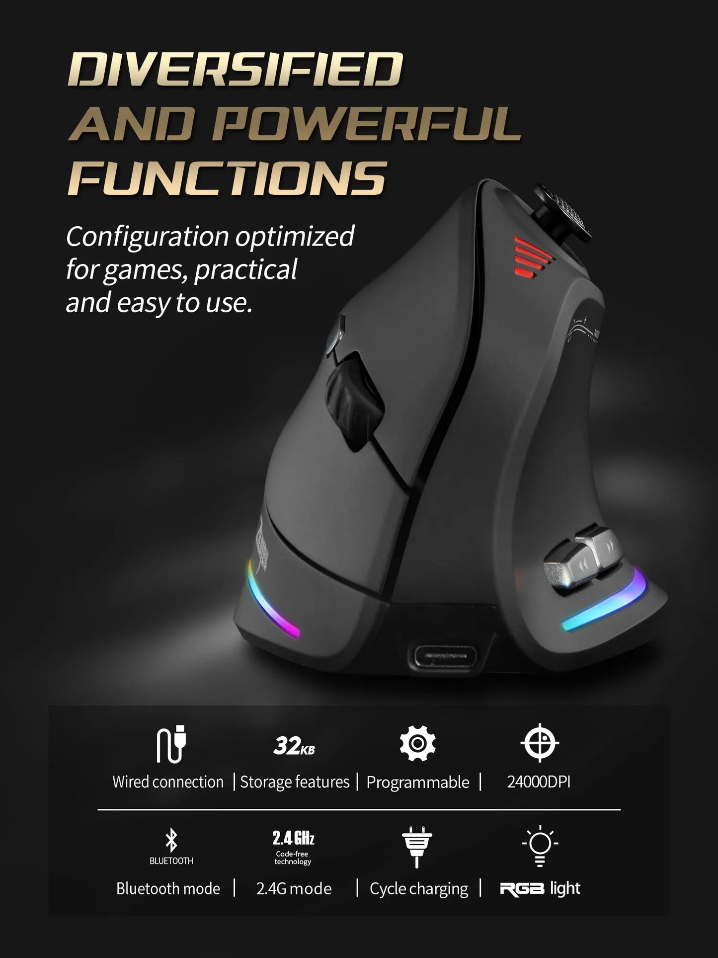 Backlit Vertical Ergonomic Mouse 2.4G Wireless Mouse with Joystick Programming Game Mouse 24000DPI Wired Mice