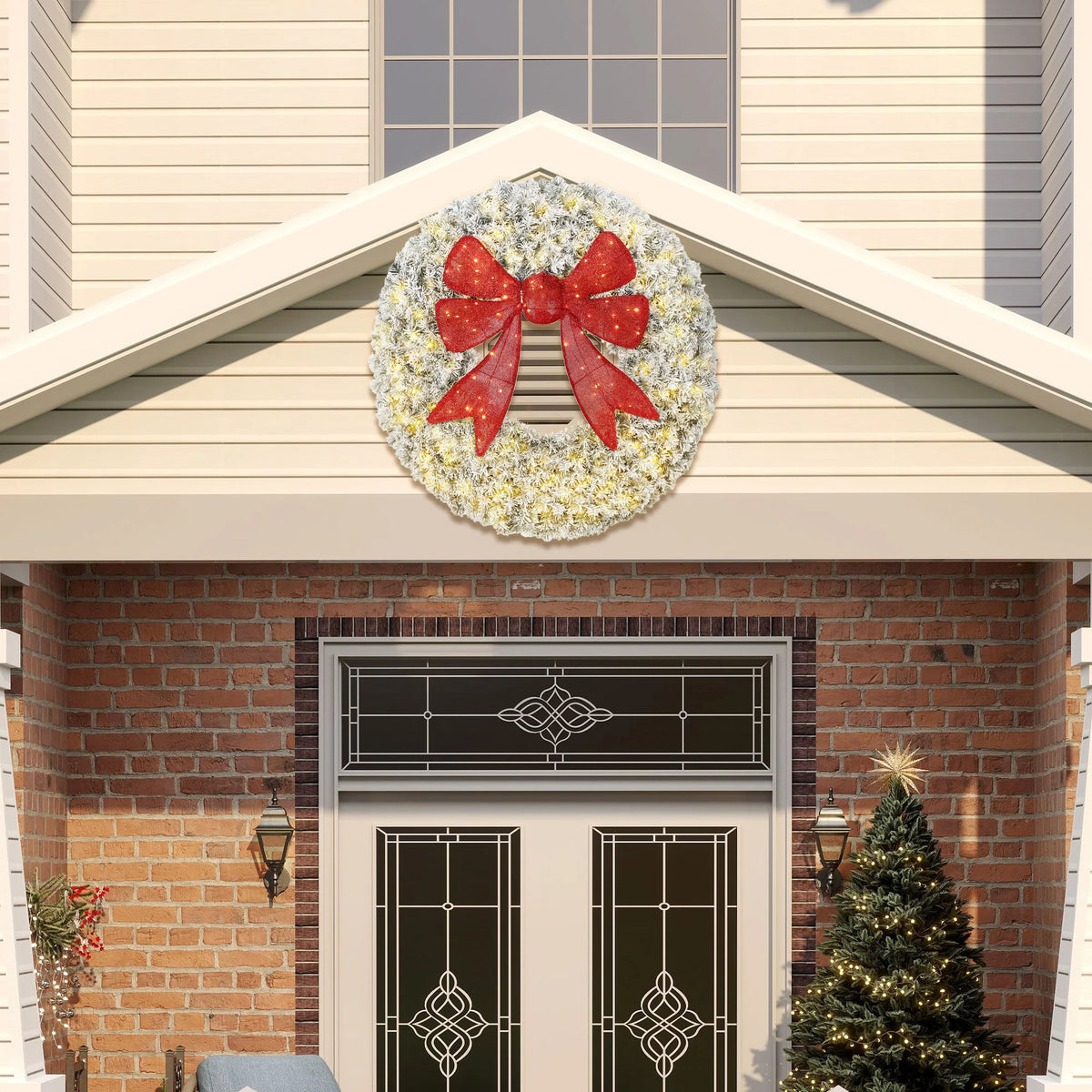 HOMCOM Flocked Artificial Christmas Wreath Pre Lit Indoor Holiday Decor