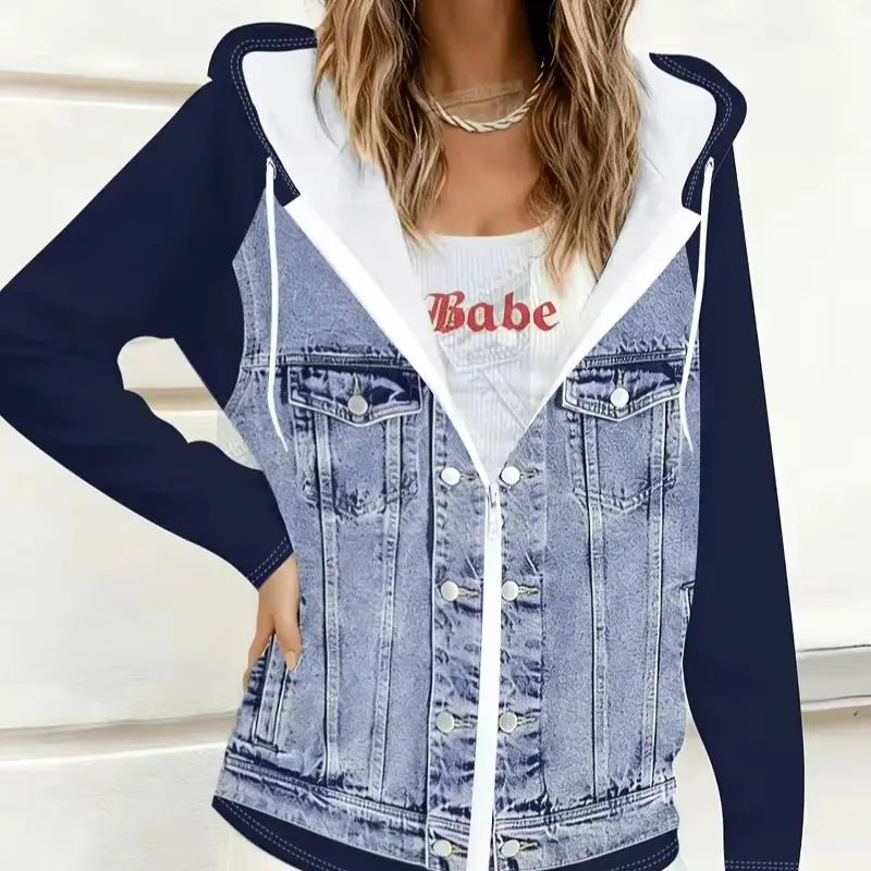 Plus size women's navy blue color-block hooded printed faux denim jacket; zipper faux pocket faux denim jacket; spring and autumn casual top