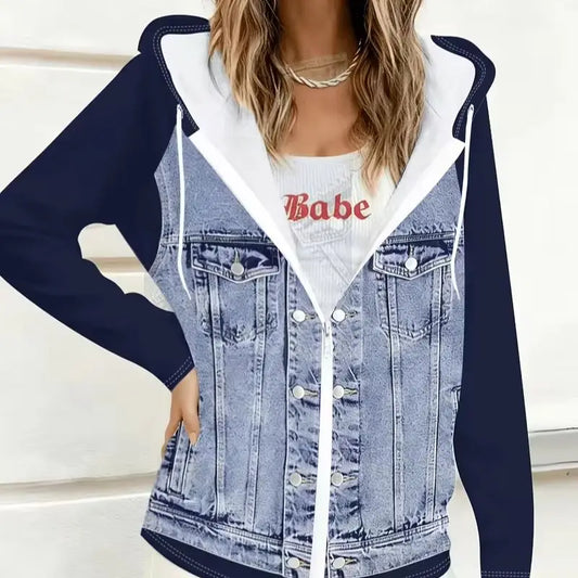 Plus size women's navy blue color-block hooded printed faux denim jacket; zipper faux pocket faux denim jacket; spring and autumn casual top