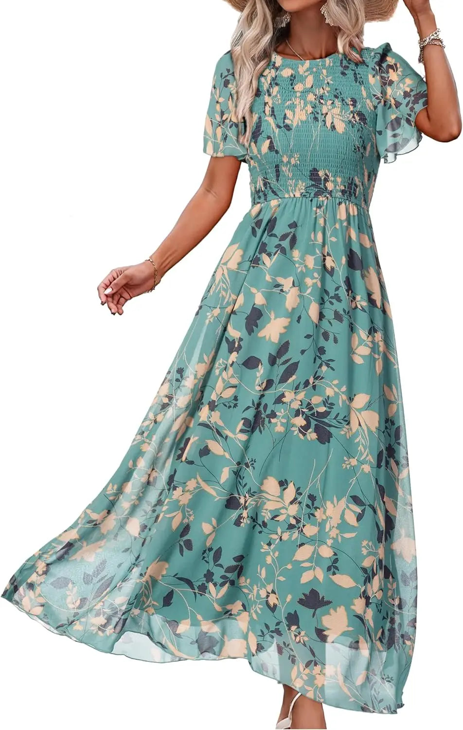 Floral Casual Summer Maxi Dress Chiffon With Smocked Short Sleeve