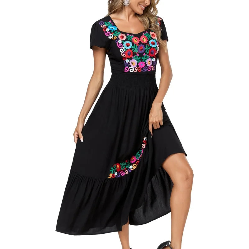 Floral Embroidered Maxi Dress For Women, Round Neck, Short Sleeve