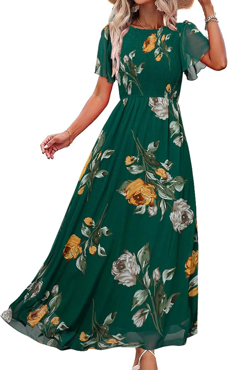 Floral Casual Summer Maxi Dress Chiffon With Smocked Short Sleeve