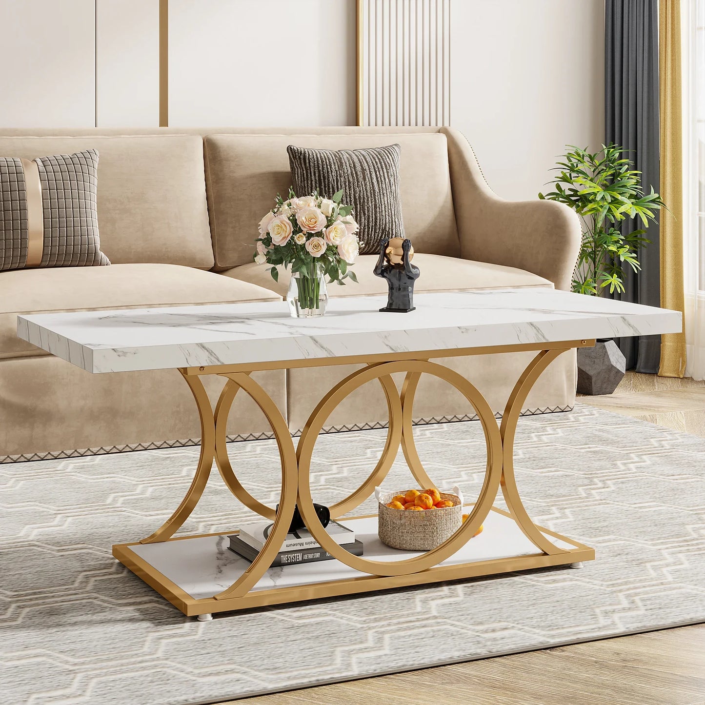 Tribesigns Rectangle Coffee Table 2 Tier Faux Marble Wood
