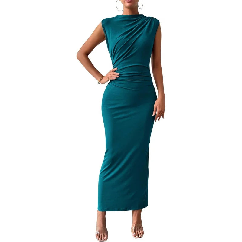 Women Ruched Bodycon Maxi Dress Wedding Guest Sleeveless