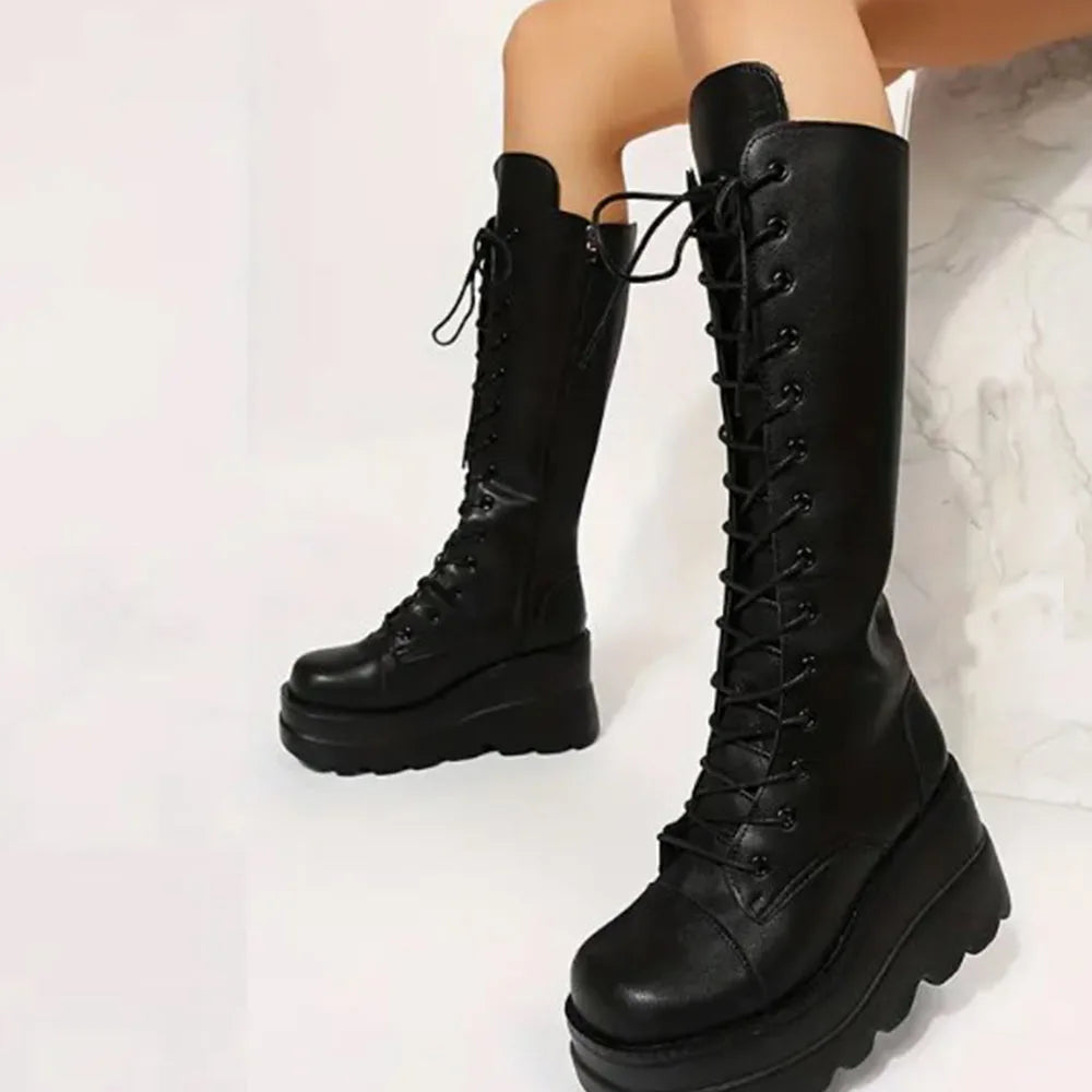 DoraTasia Gothic Lace Up Round Toe Mid Calf Boots With Side Zipper