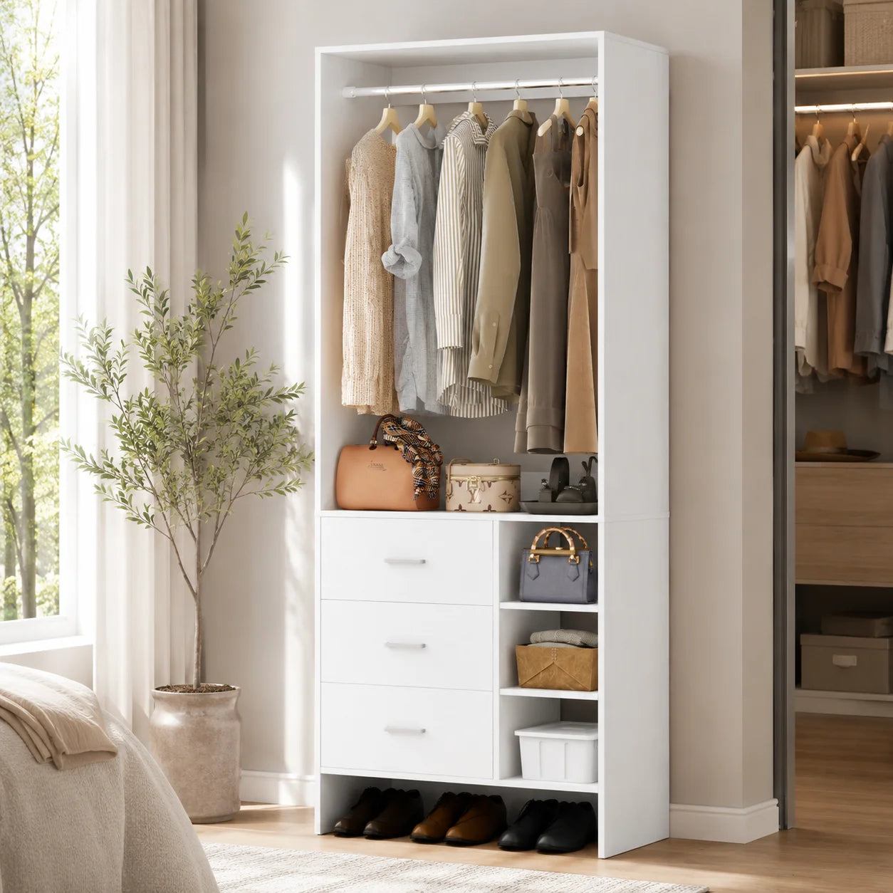 Aheaplus 2.5FT Wood Closet Organizer System with 3 Drawers 29.5'' Walk-in Or Small Closet Wardrobe with Clothes Rack And Hanging Rods
