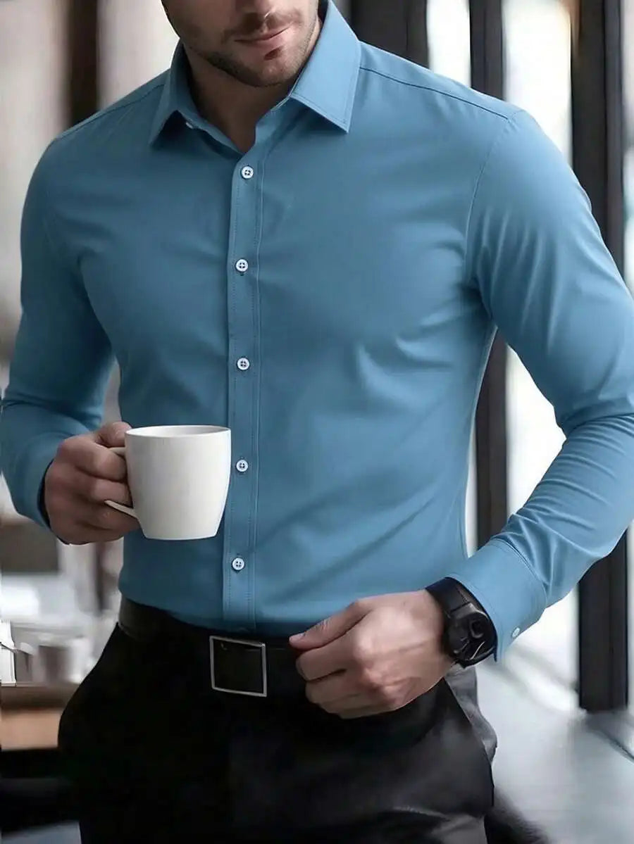 Mens Solid Color Long Sleeve Button Up Shirt Stand Collar