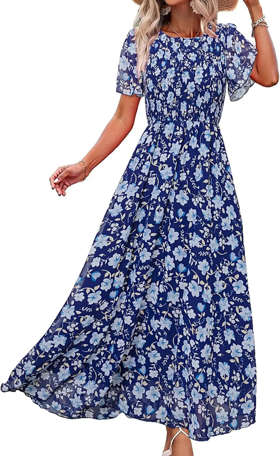 Floral Casual Summer Maxi Dress Chiffon With Smocked Short Sleeve