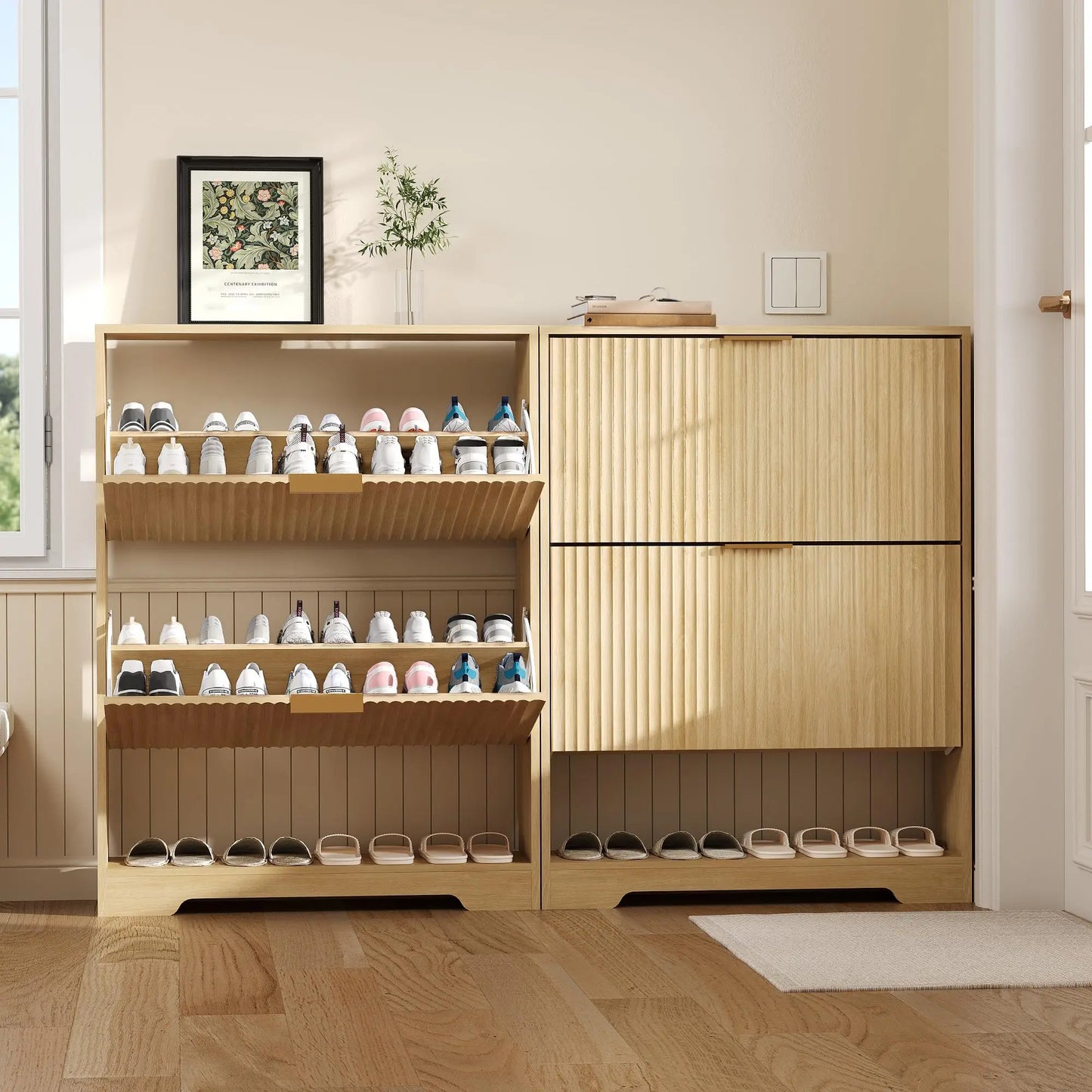 Narrow Shoe Storage Cabinet With 2 Flip Drawers, Slim Fluted Hidden Freestanding Wooden Shoe Rack For Entryway Hallway Foyer
