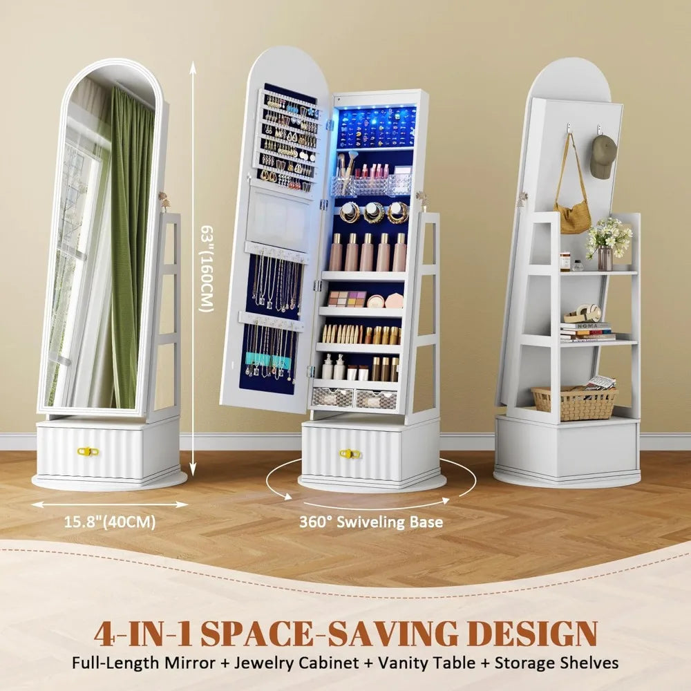 Full Length Jewelry Mirror Cabinet With Storage And Rotating Stand