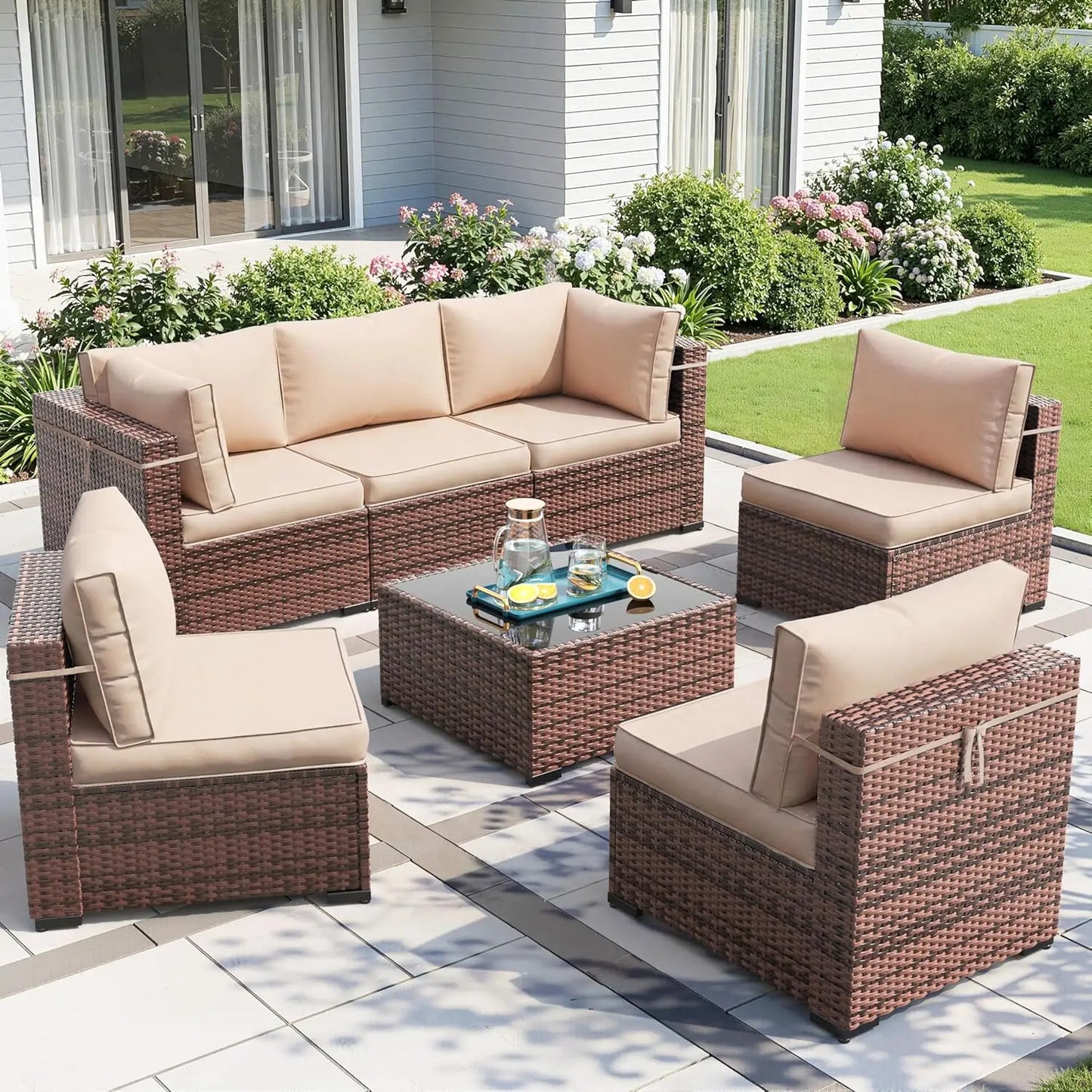 Patio Furniture Sets with Waterproof Cover, 7 Pieces Outdoor Rattan Sectional Sofa Set with Glass Table, Customized
