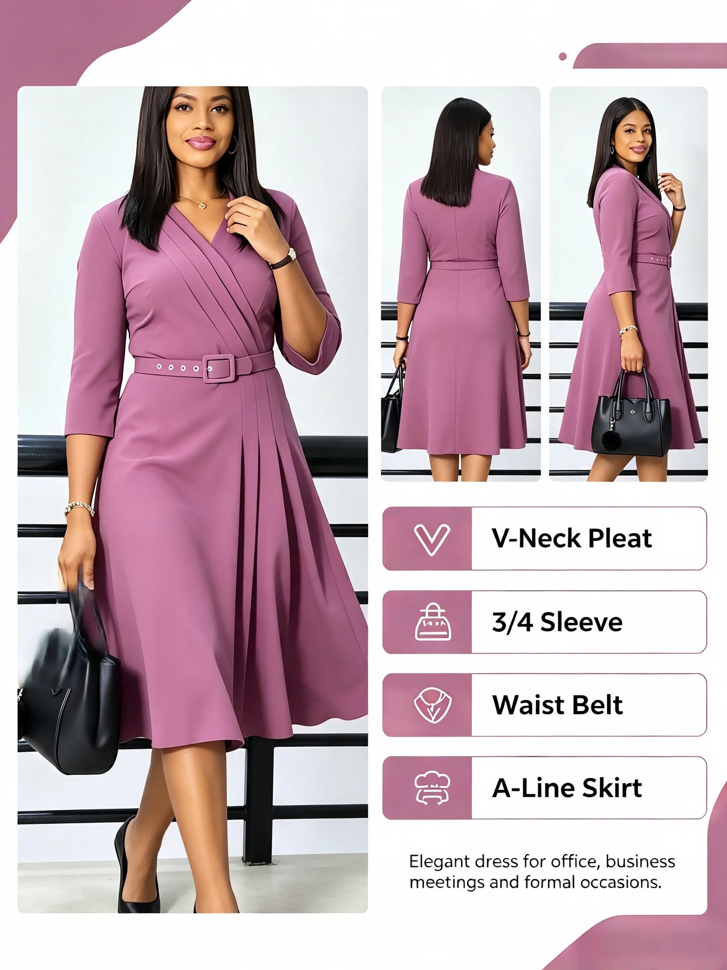 Women Elegant Office Midi Dress Plus Size V‑Neck 3/4 Sleeve Belted A‑Line Dress Formal Work Business Party Dresses