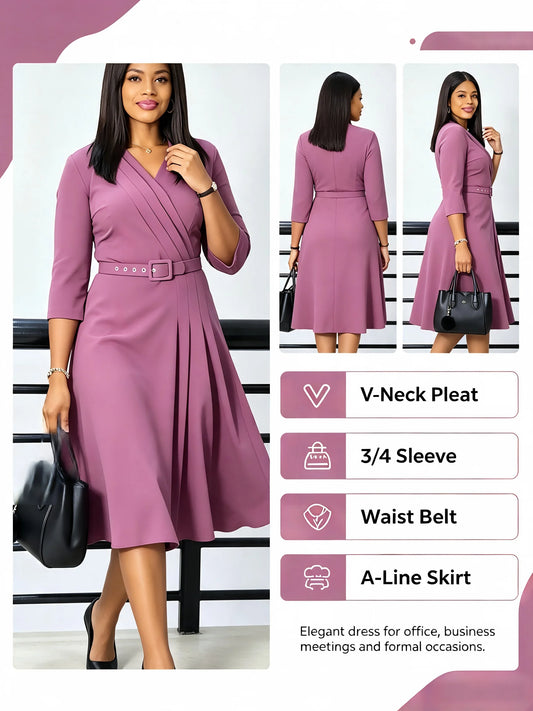 Women Elegant Office Midi Dress Plus Size V‑Neck 3/4 Sleeve Belted A‑Line Dress Formal Work Business Party Dresses