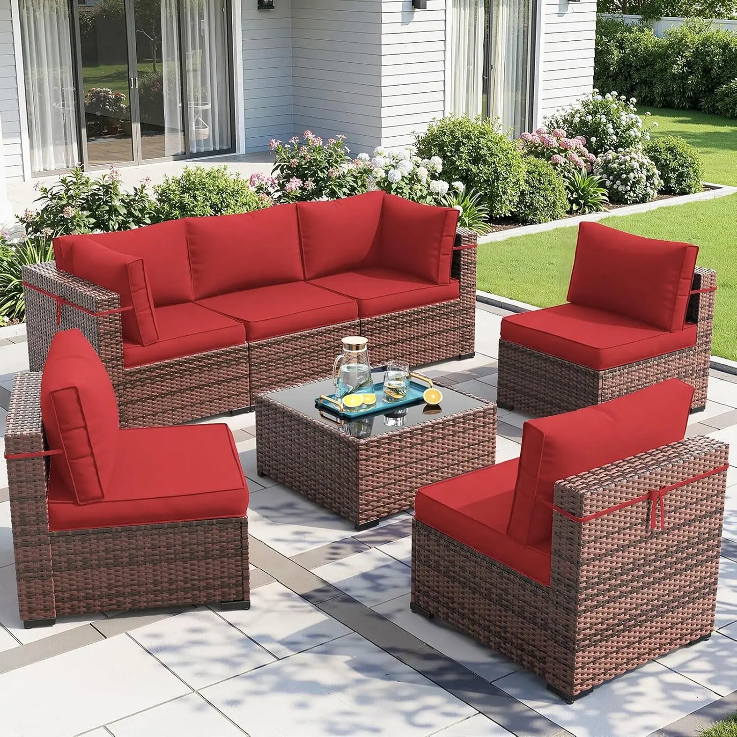 Patio Furniture Sets with Waterproof Cover, 7 Pieces Outdoor Rattan Sectional Sofa Set with Glass Table, Customized