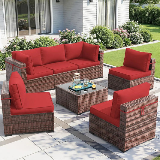 Patio Furniture Sets with Waterproof Cover, 7 Pieces Outdoor Rattan Sectional Sofa Set with Glass Table, Customized