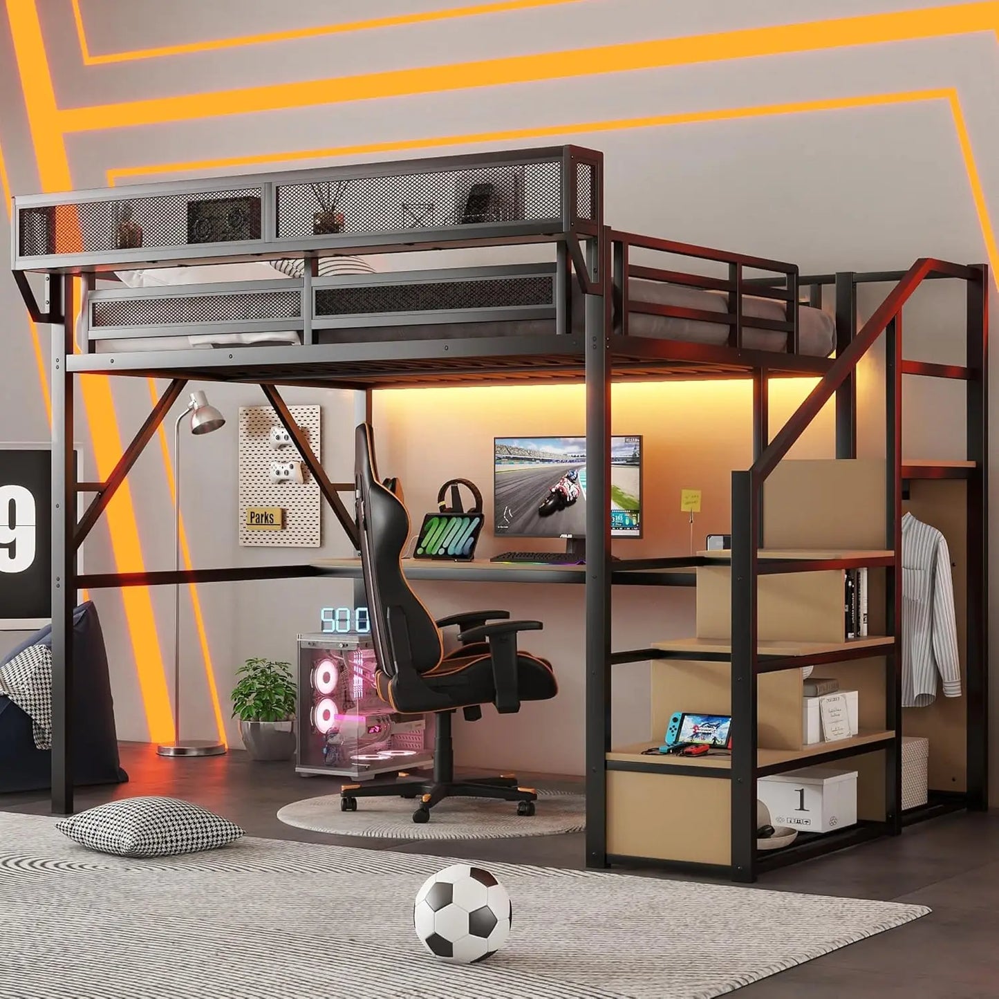 Queen Size Loft Bed Frame for Adults, Metal Loft Bed with Stairs & Storage, Wardrobe, Bedside Shelf and Large, Customized