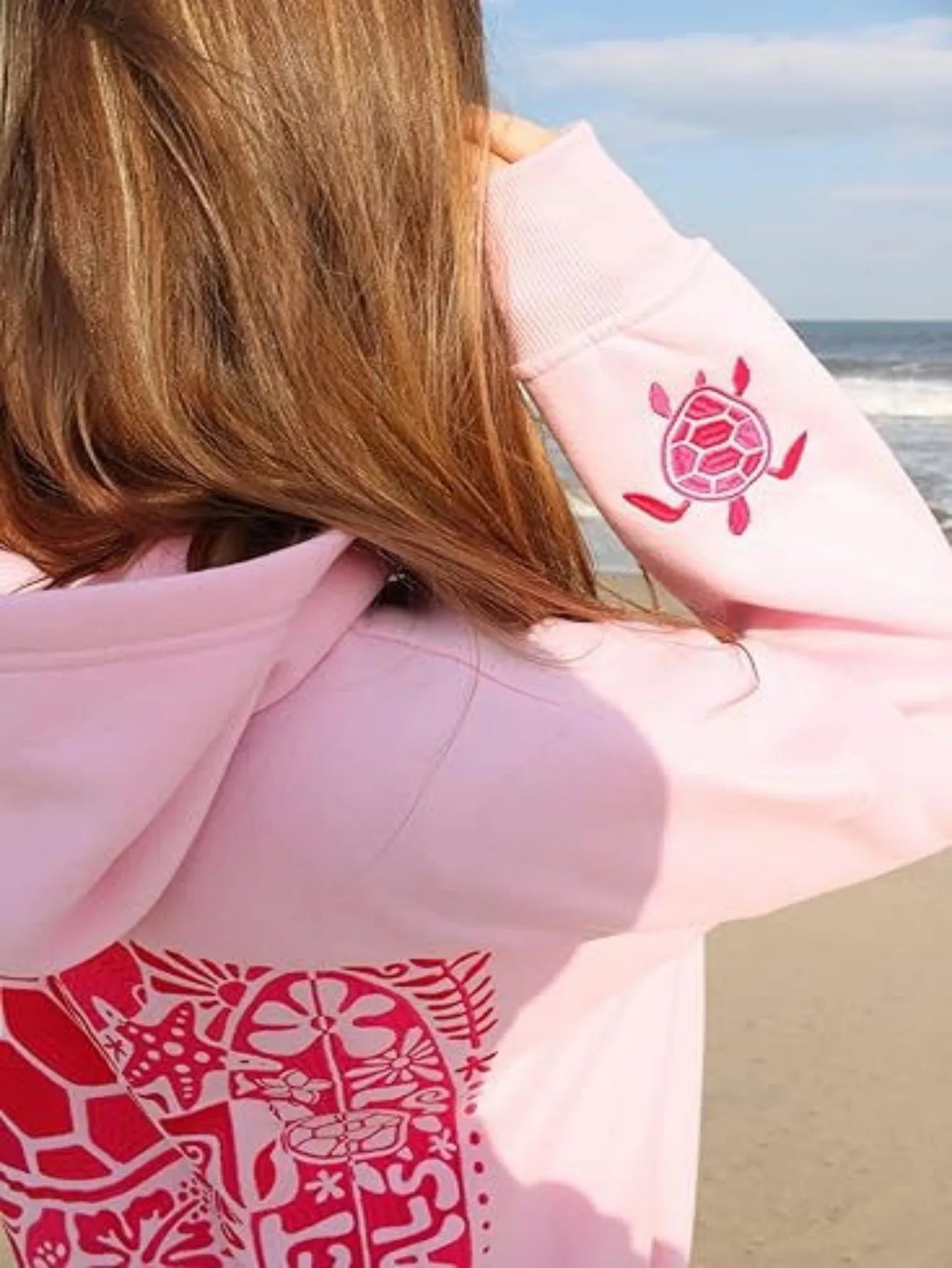 Women Embroidered Ocean Pattern Hoodie With Turtle Embroidery