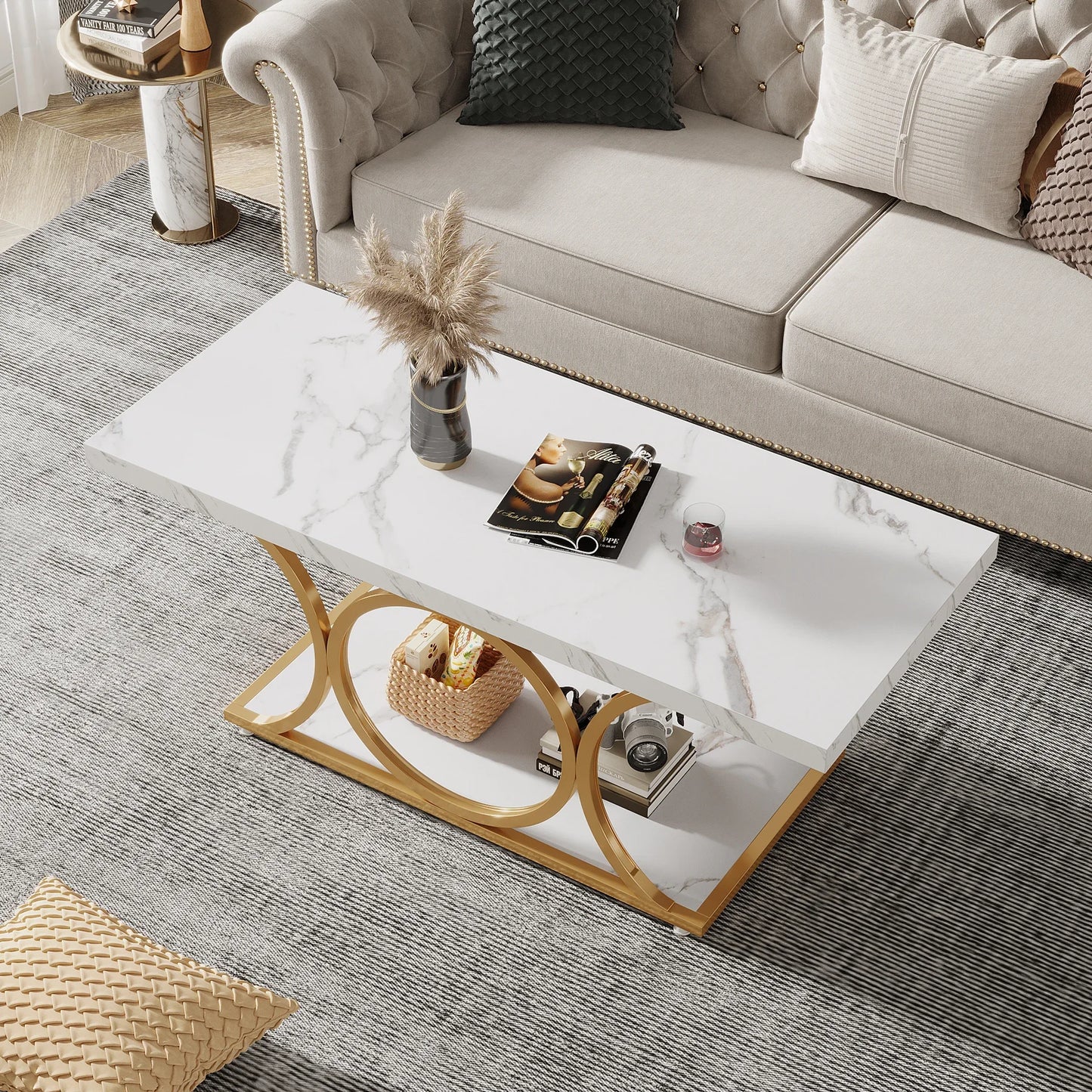 Tribesigns Rectangle Coffee Table 2 Tier Faux Marble Wood