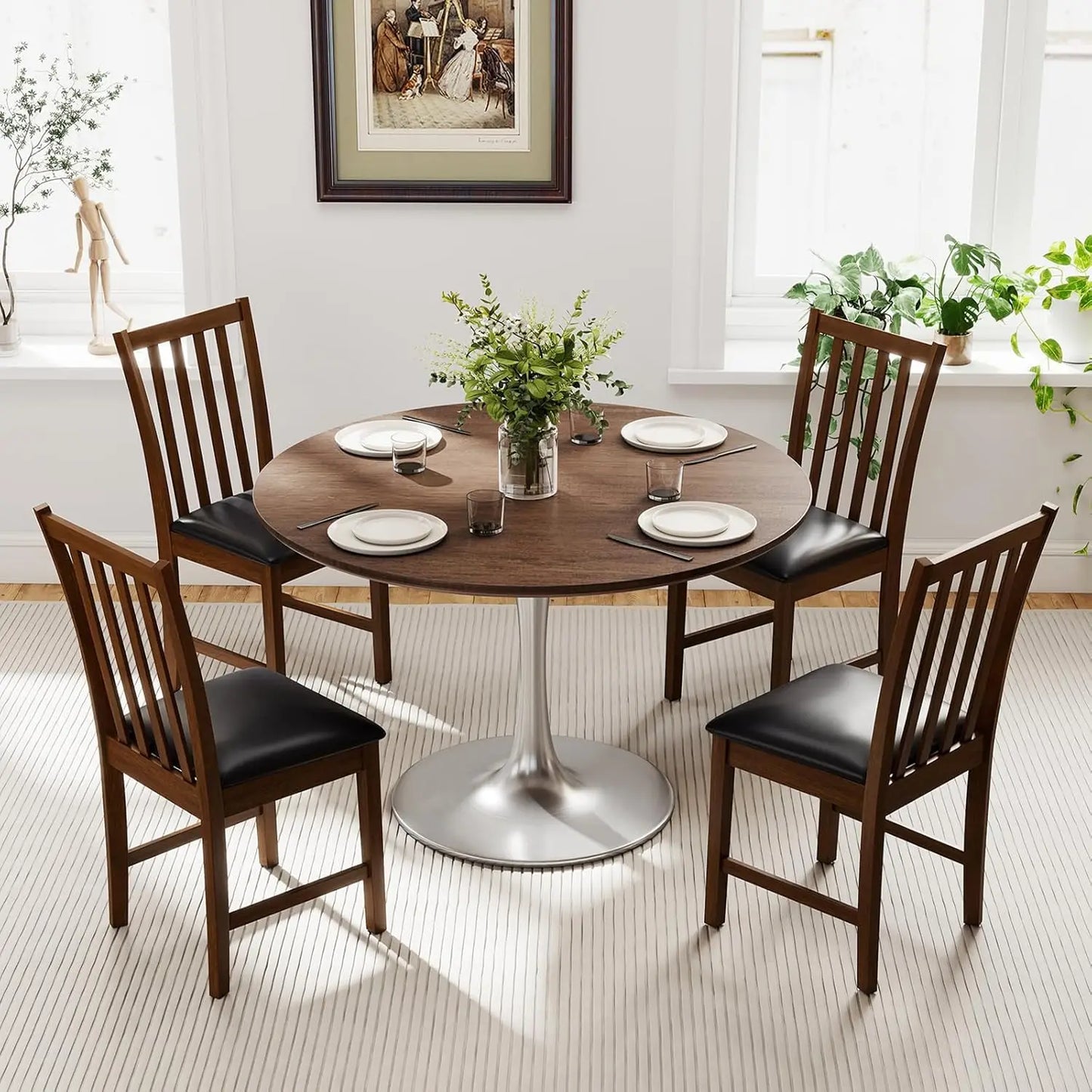 Wooden Dining Chairs Set of 4, Faux Leather Upholstered Kitchen Chair w/Rubber Wood Legs, Curved Back, Padded Seat,, Customized