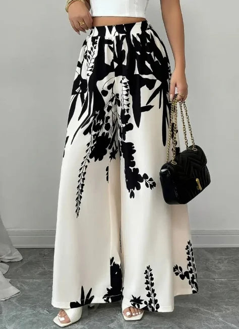 Womens High Waist Satin Palazzo Pants With Floral Design