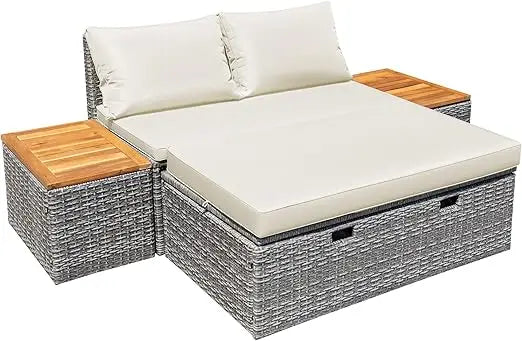 Patio Day Bed Outdoor Daybed Set Multifunctional Rattan Lounge Bed with 2 Side Tables for Backyard Porch Poolside Lawn Beach (N