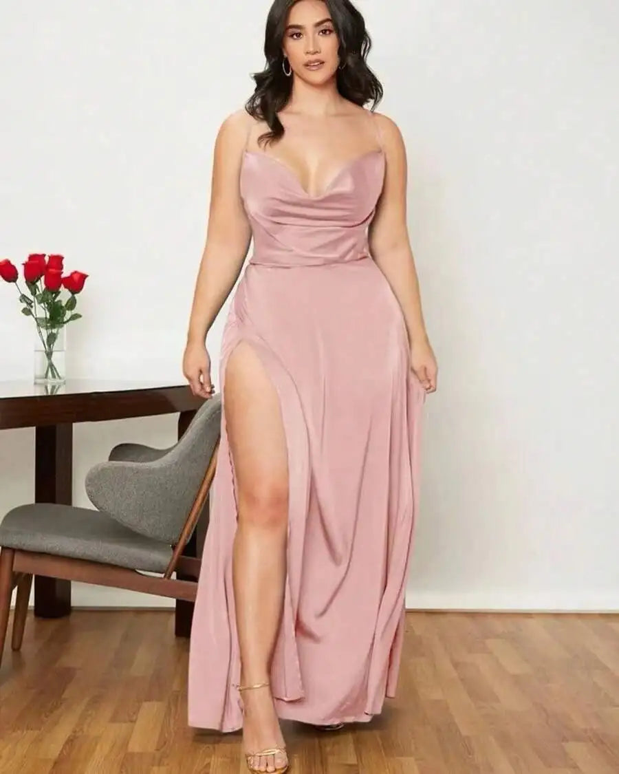 Satin Spaghetti Strap Prom Dress With High Slit And Draping