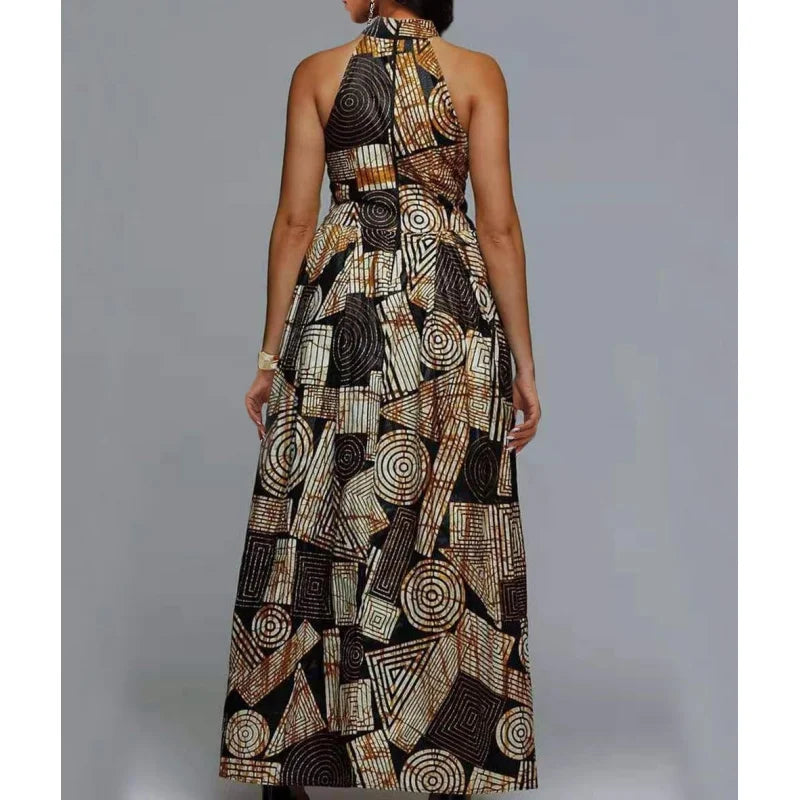 Cotton Polyester Maxi Dress With Lace-Up High Waist Collar Sleeveless