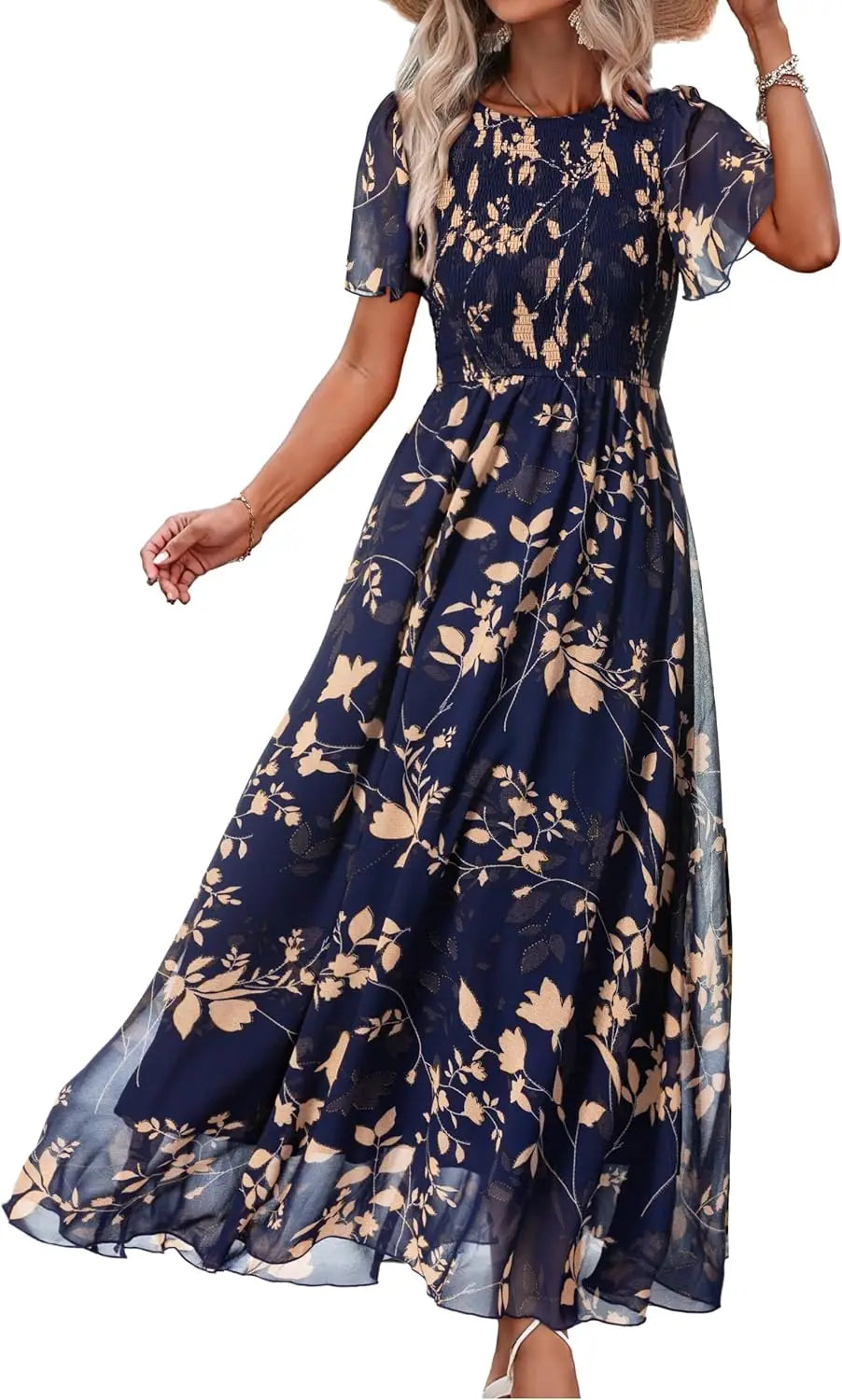 Floral Casual Summer Maxi Dress Chiffon With Smocked Short Sleeve
