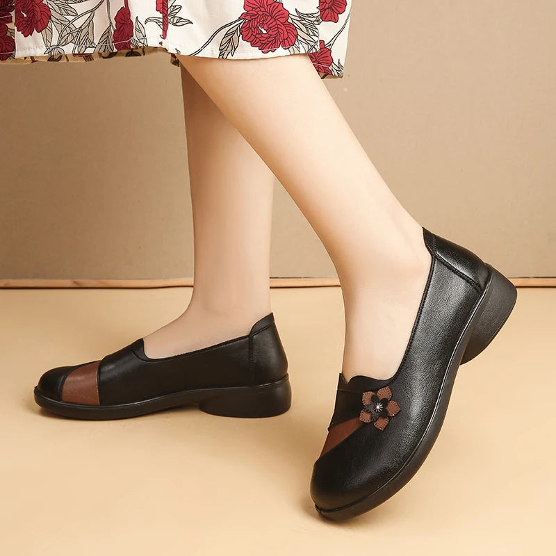 Women's Floral Slip On Flats - Light Brown Leather Loafers with 3D Flower Detail