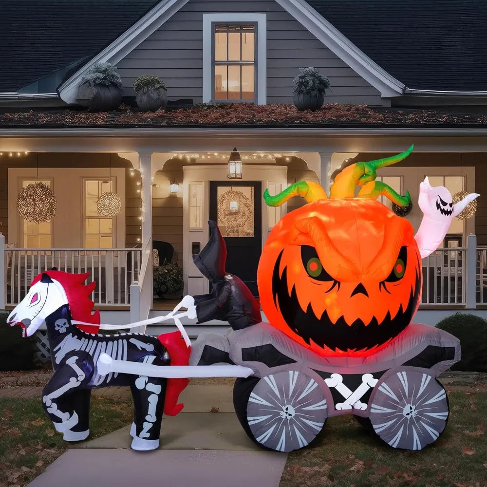 8 Ft Long Pumpkin Carriage Halloween Inflatables Outdoor Decorations Blow Up Pumpkin Carriage with Build-in LEDs Blow Up for Yard, Halloween Inflatables Party Decoration Outside Garden Lawn