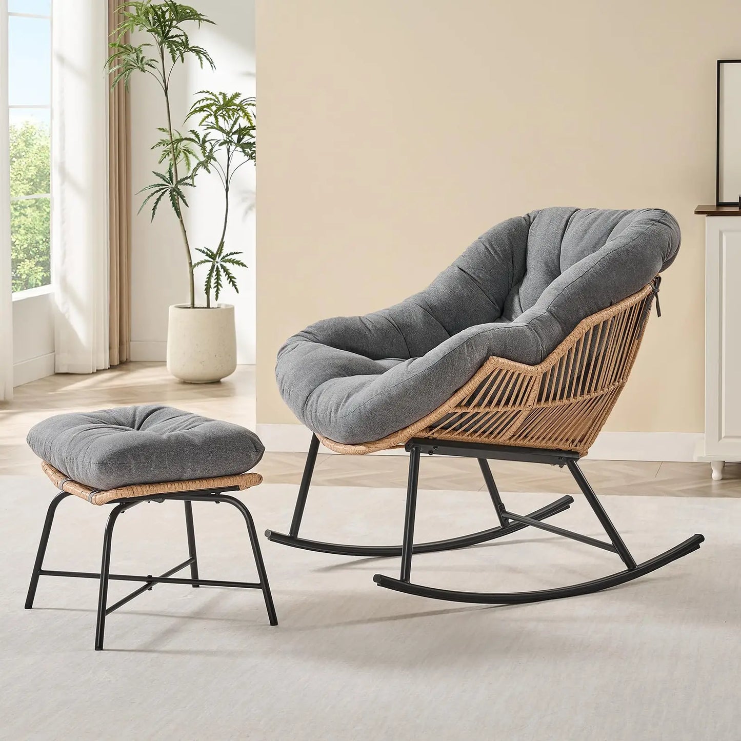 Papasan Rocking Chair with Ottoman, Oversized Wicker Rattan Egg Patio Chair Indoor Outdoor Lounge Rocker Chair for Garden