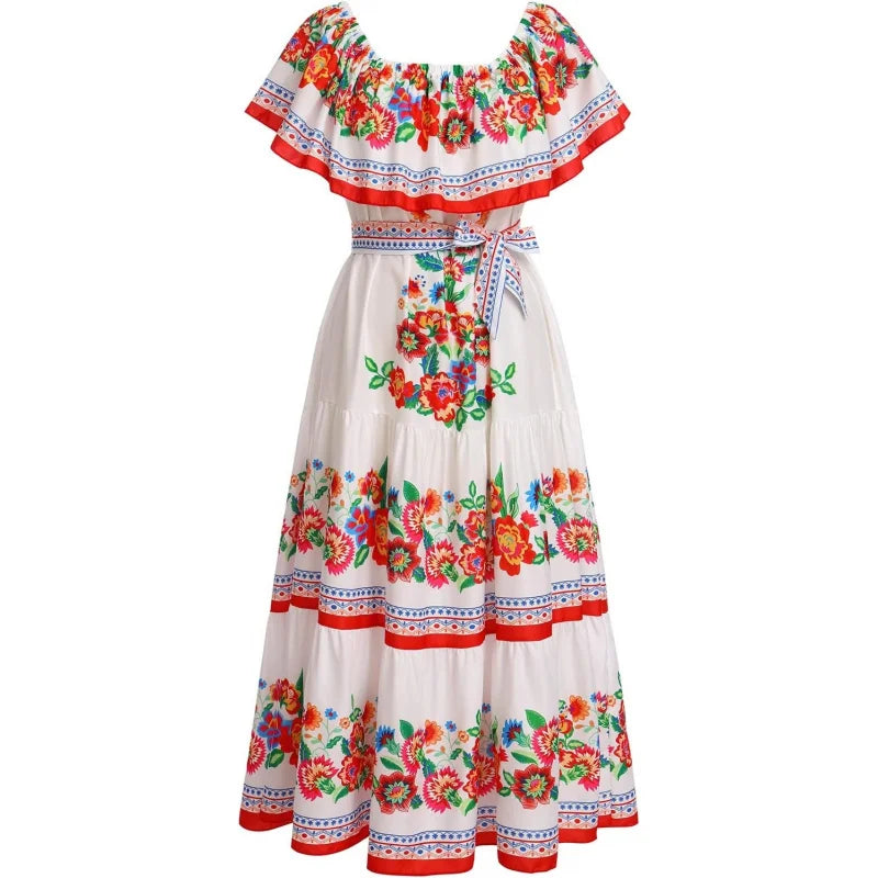 Floral Off Shoulder Maxi Dress For Women With Belt Summer Beach