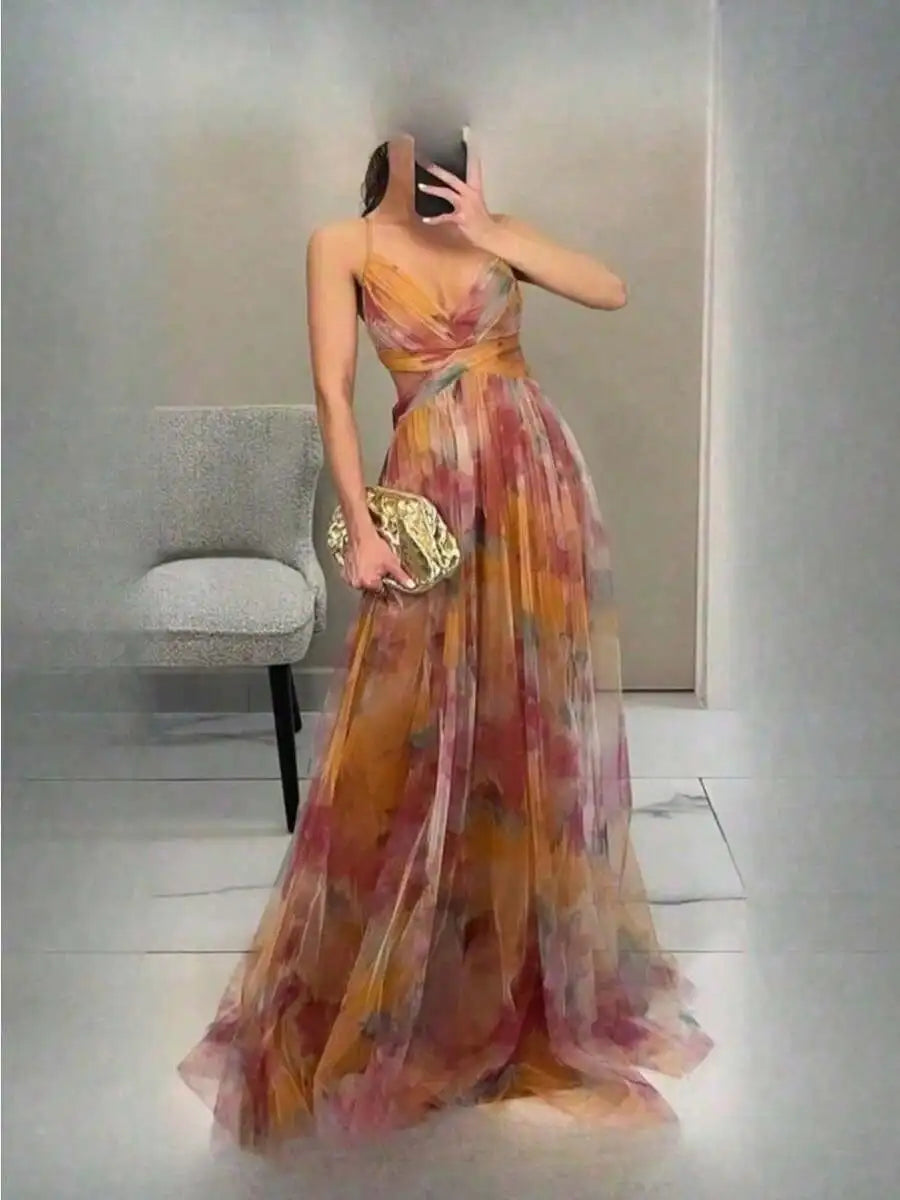 Womens Mesh Printed Cami Prom Dress Floor-Length V-Neck Sleeveless