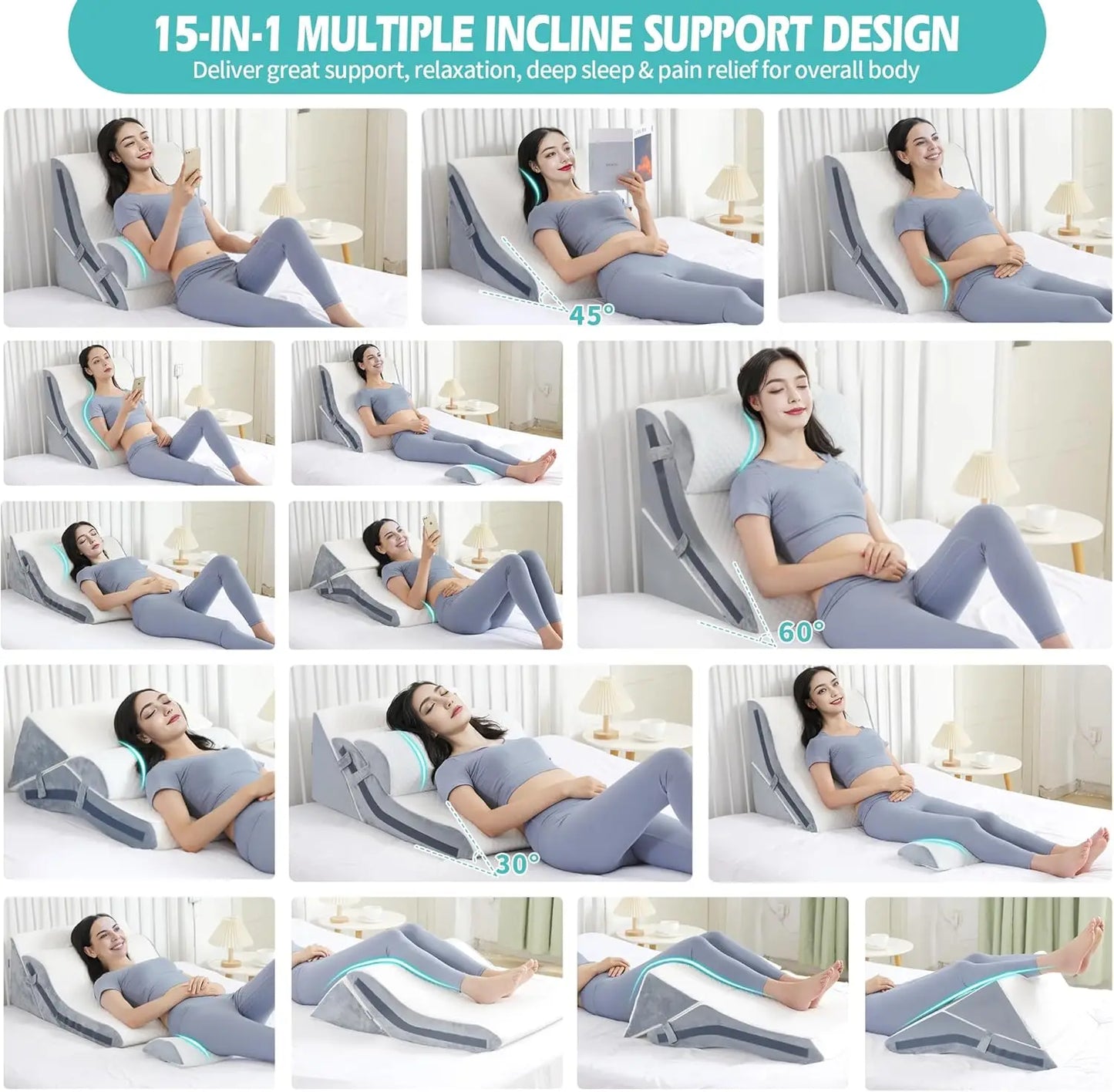 Adjustable Memory Foam Wedge Pillow Set, 3PCS Orthopedic Bed Pillows for Sleeping Post Surgery, 9-20 Inch Height