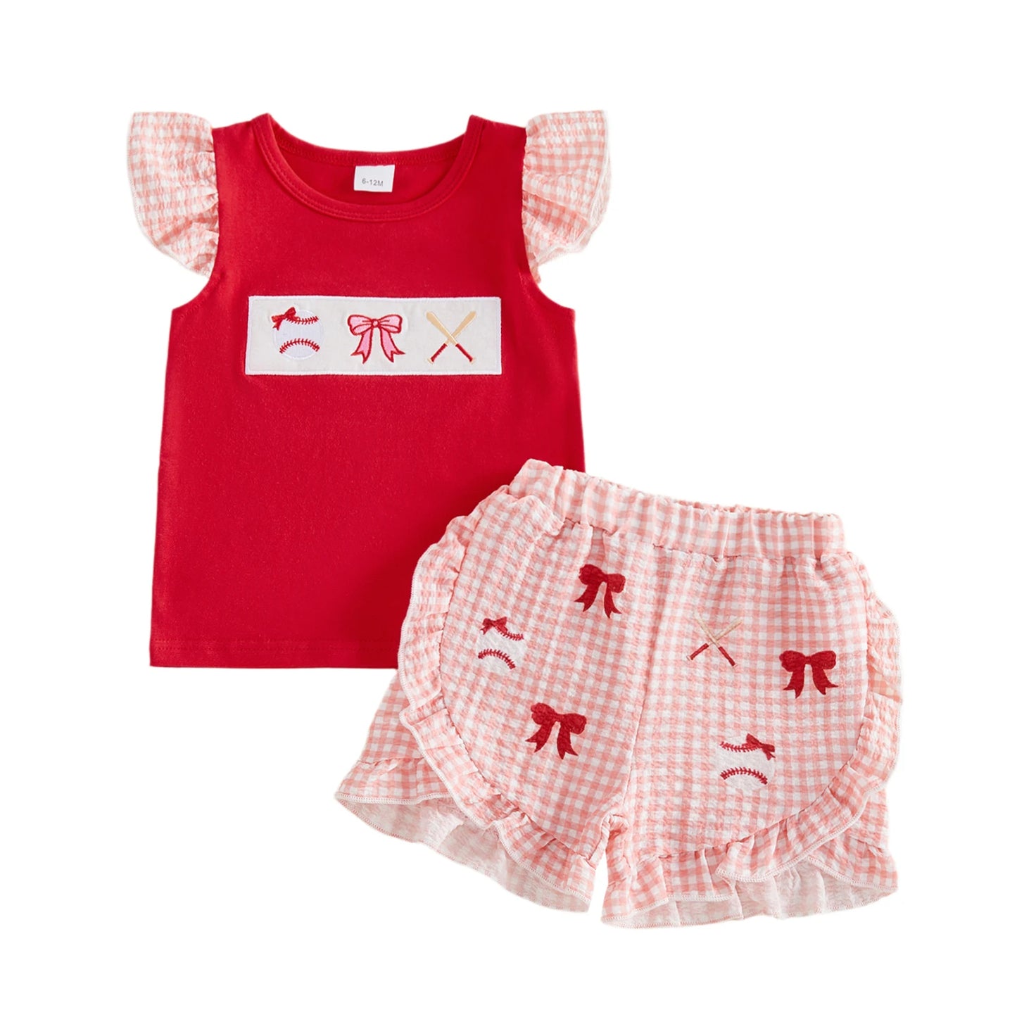 Adorable Infant Girl s Summer Ensemble with Baseball Bow Detail Ruffled Trim Flutter Sleeves and Plaid Shorts - 2 Piece Set