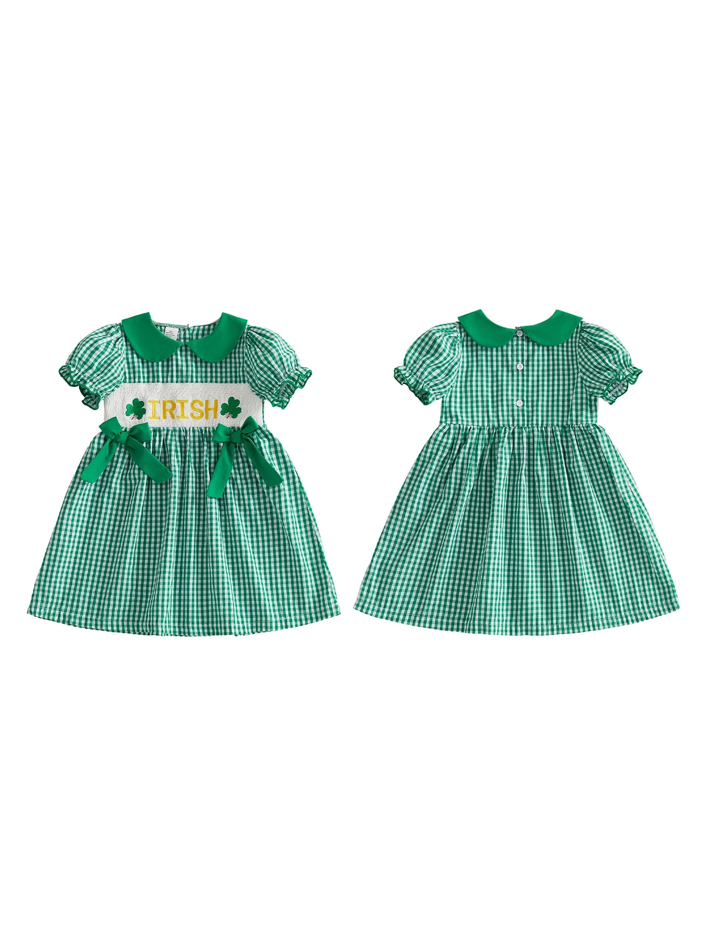 Girls Plaid A-line Dress with Short Sleeves and Doll Collar St Patrick s Day Clover Embroidery Irish Letter Detail