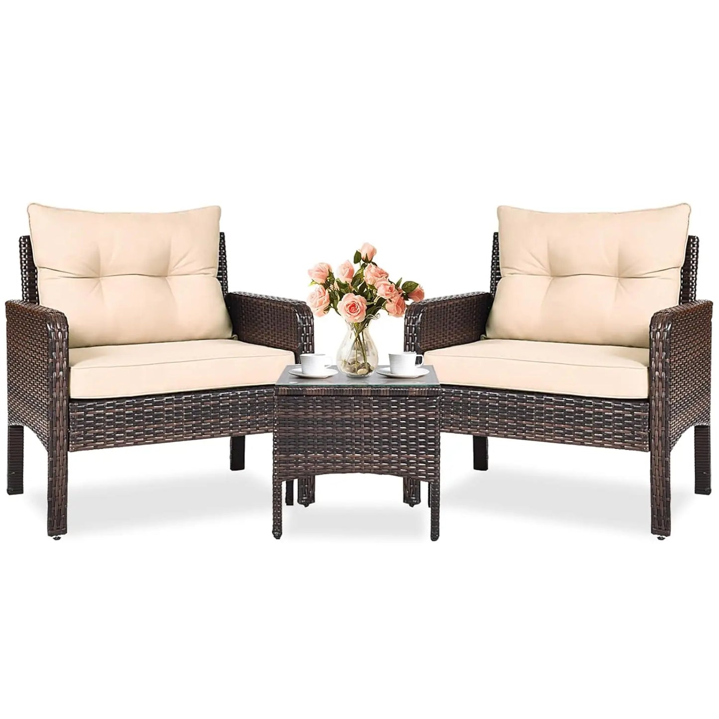 3 Piece Patio Furniture Set, Outdoor Wicker Conversation Bistro Set with 4 Cushions, All Weather PE Rattan, Customized