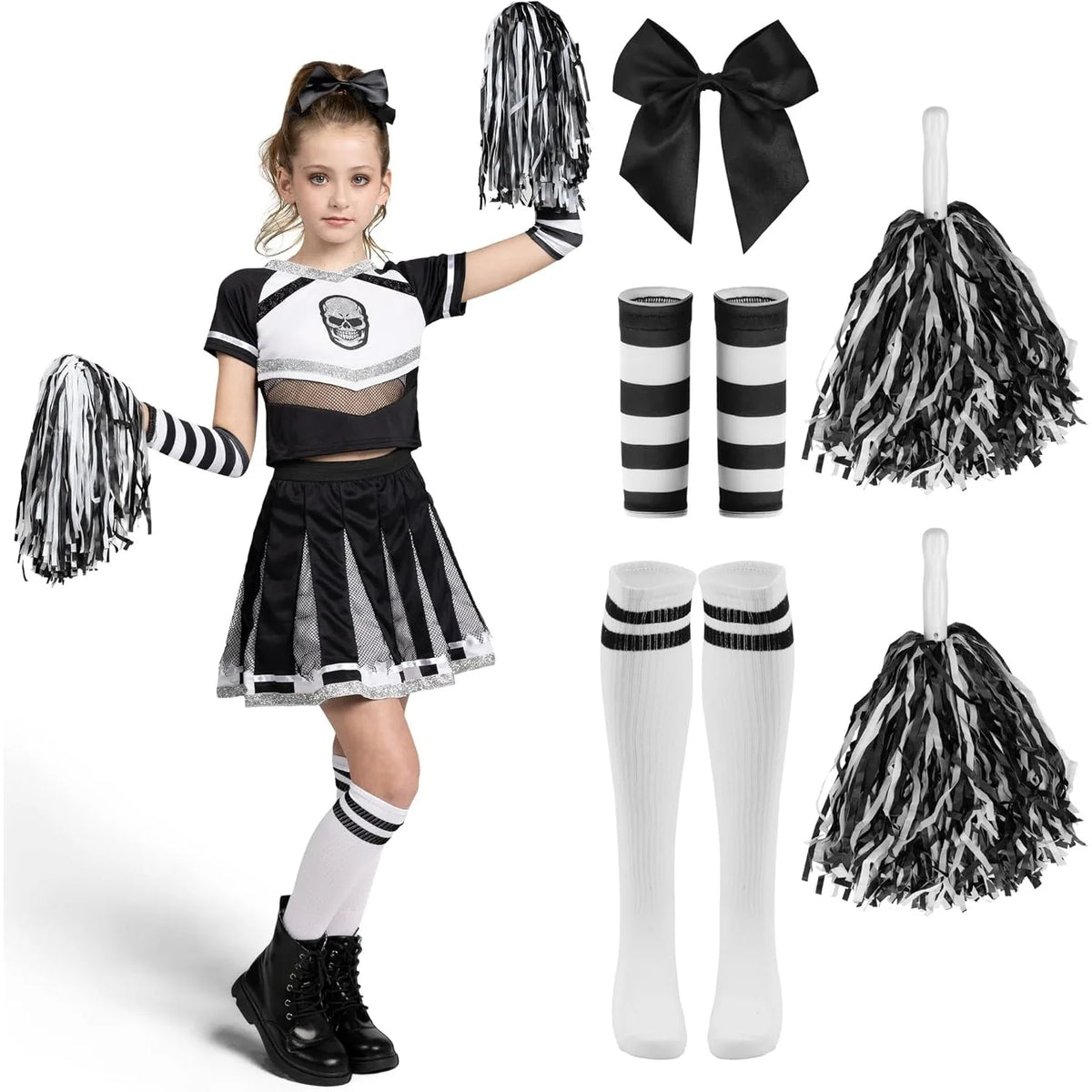 Spooktacular Creations Halloween Cheerleader Costume Girls Bad Spirit Costume for Kids Skull Scary Outfit with Accessories
