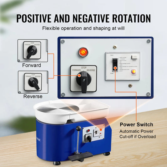 SucceBuy 11in Pottery Wheel Ceramic Forming Machine Adjustable 60-300RPM Speed Handle Foot Pedal Control ABS Detachable Basin