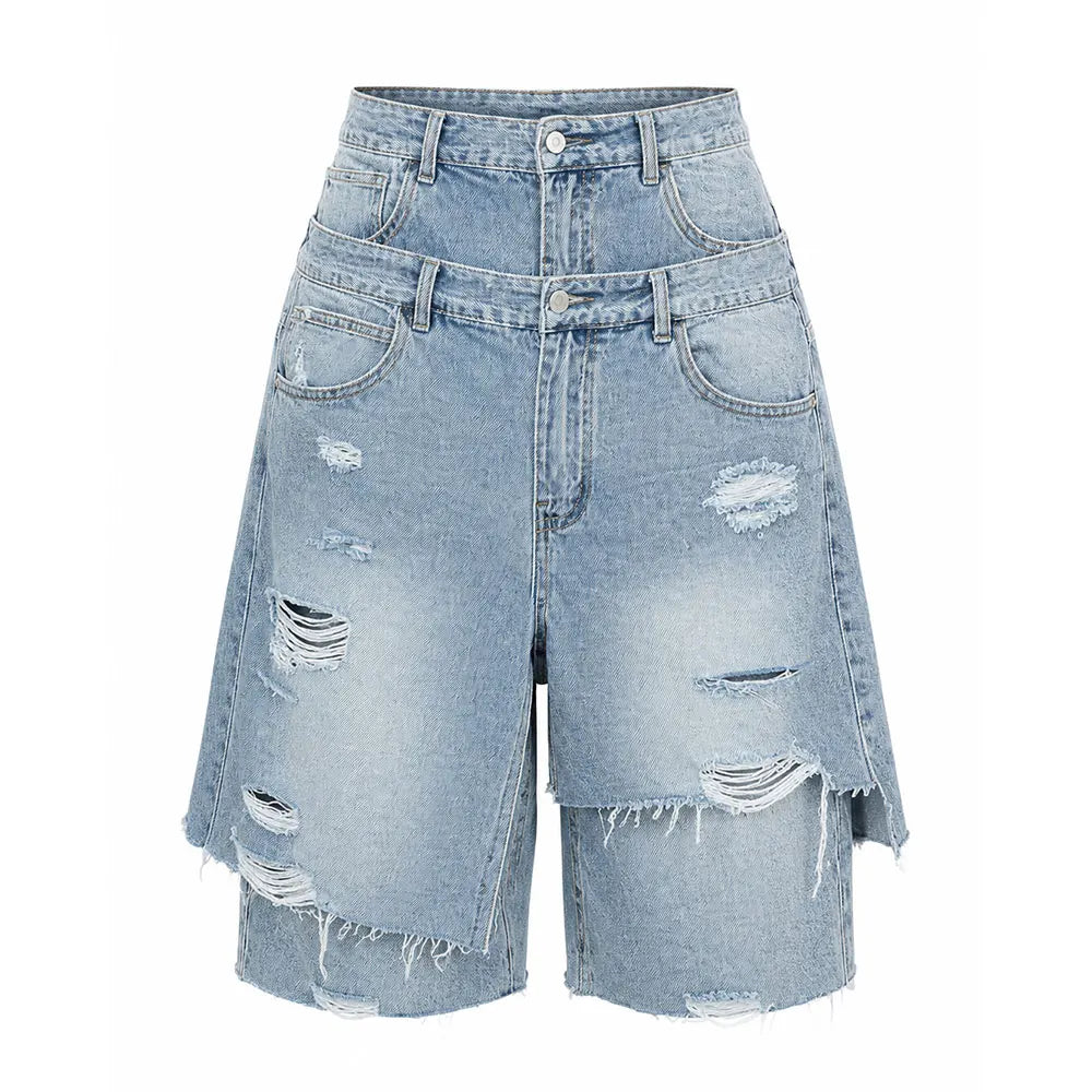 GLOURI Denim Bermuda Shorts With Double Waistband Pockets