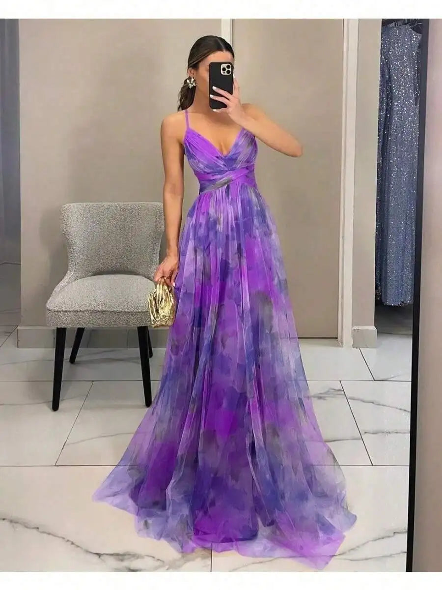 Womens Mesh Printed Cami Prom Dress Floor-Length V-Neck Sleeveless