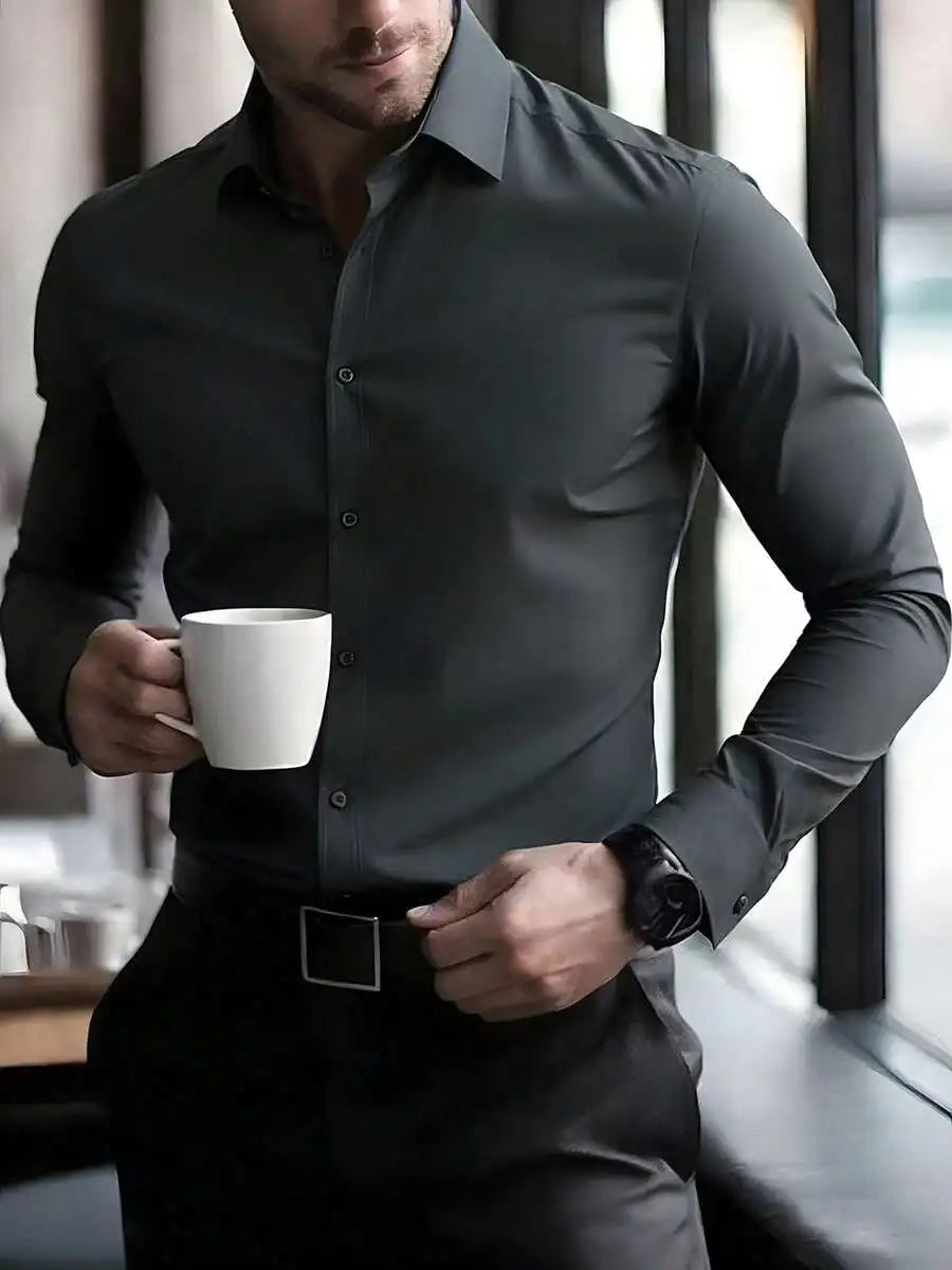 Mens Solid Color Long Sleeve Button Up Shirt Stand Collar