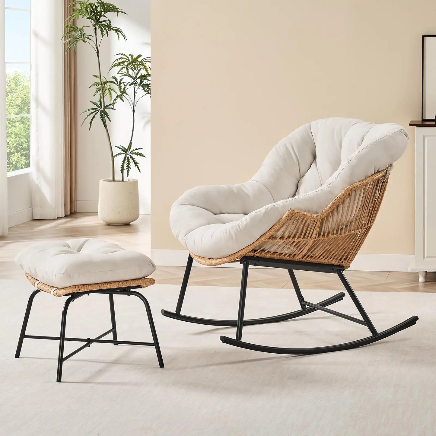 Papasan Rocking Chair with Ottoman, Oversized Wicker Rattan Egg Patio Chair Indoor Outdoor Lounge Rocker Chair for Garden
