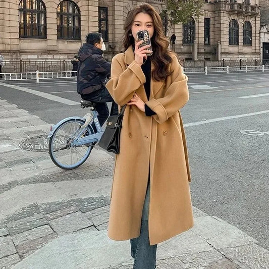 Korean Style Woolen Coat For Women Belted Outerwear
