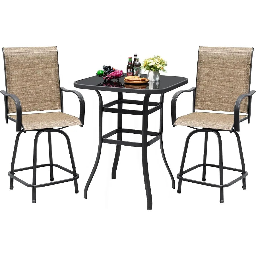 Outdoor Patio Swivel Bar Set With Bamboo Seats And Metal Frame