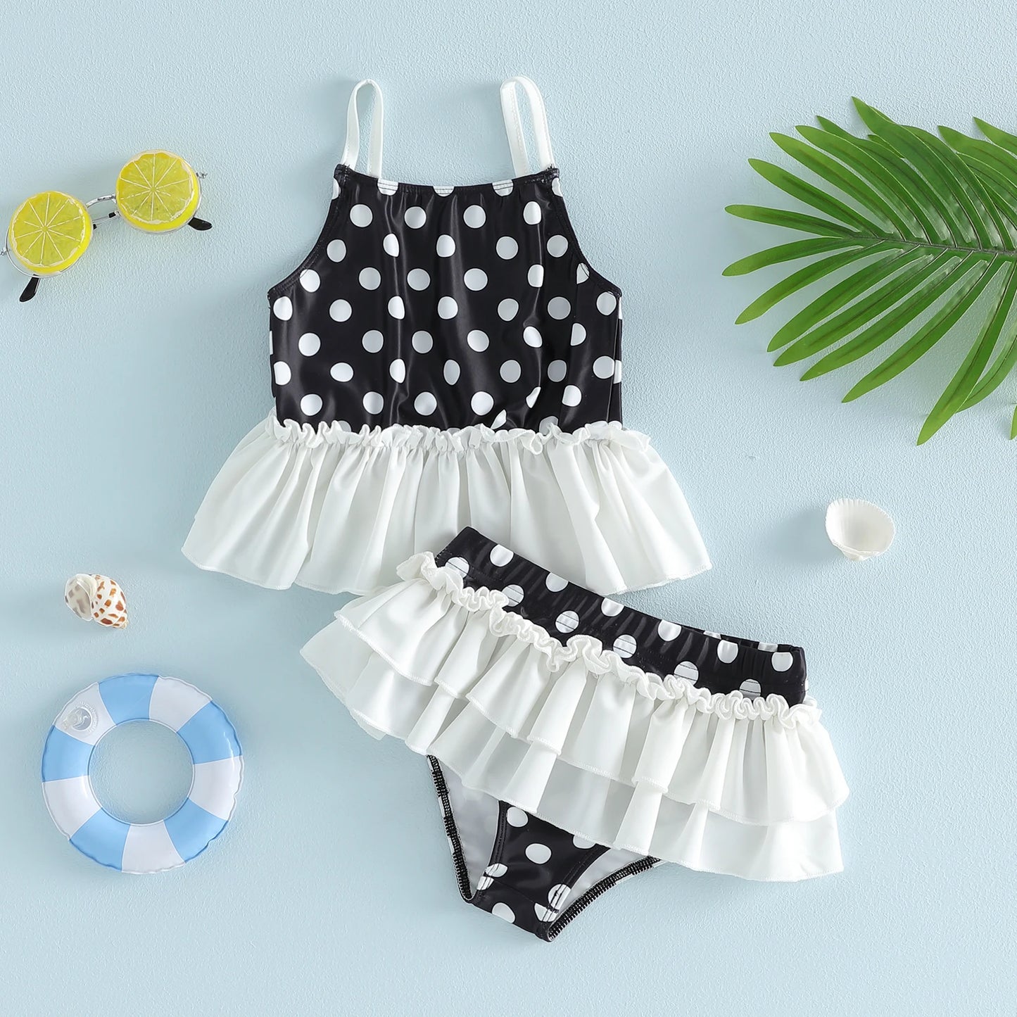 Cute Baby Girl Swimwear Set Polka Dot Pattern Sleeveless Ruffle Tops and Bottoms 2 Piece Beachwear Ensemble