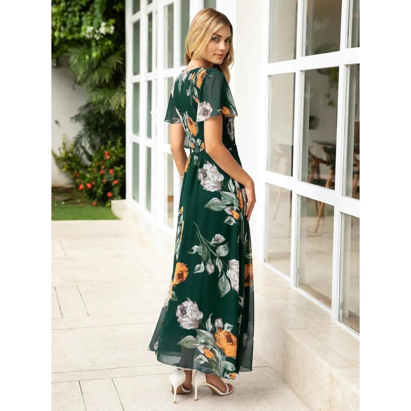 Floral Casual Summer Maxi Dress Chiffon With Smocked Short Sleeve